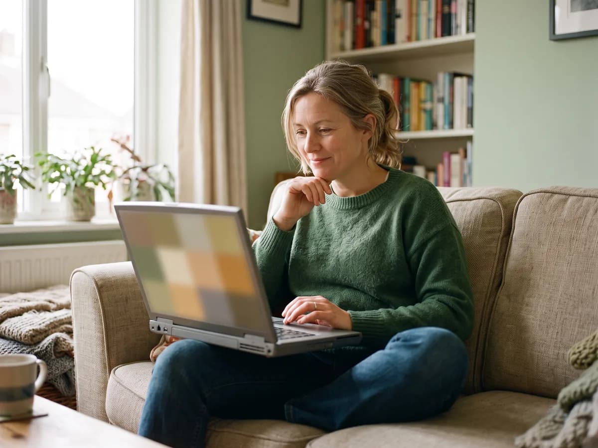 Kobieta w domu na kanapie spokojnie załatwia ubezpieczenie online na laptopie
