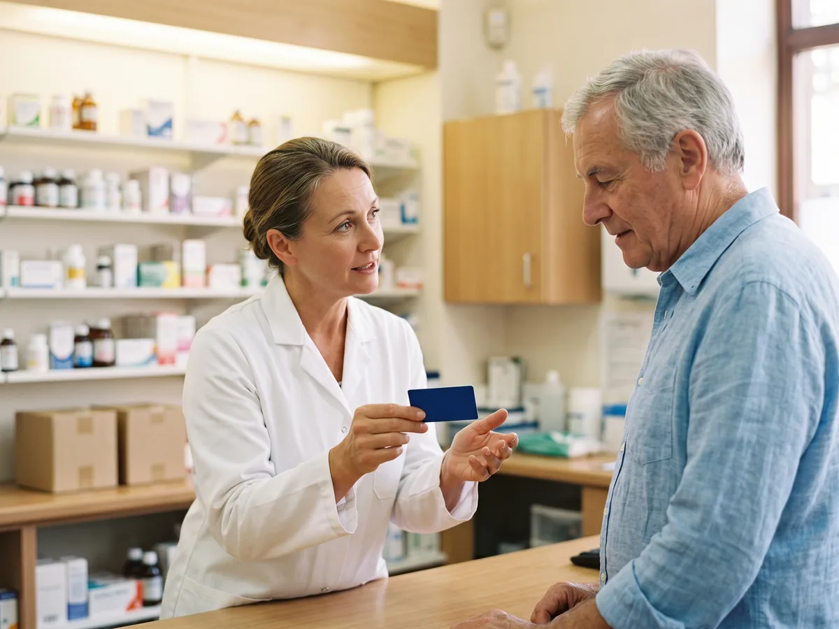 Farmaceutka przy ladzie małej apteki objaśnia starszemu mężczyźnie zwykłą kartę członkowską